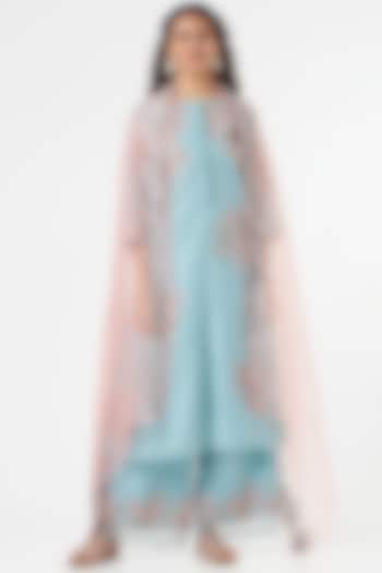 Powder Blue Embroidered Kurta Set by POULI at Pernia's Pop Up Shop