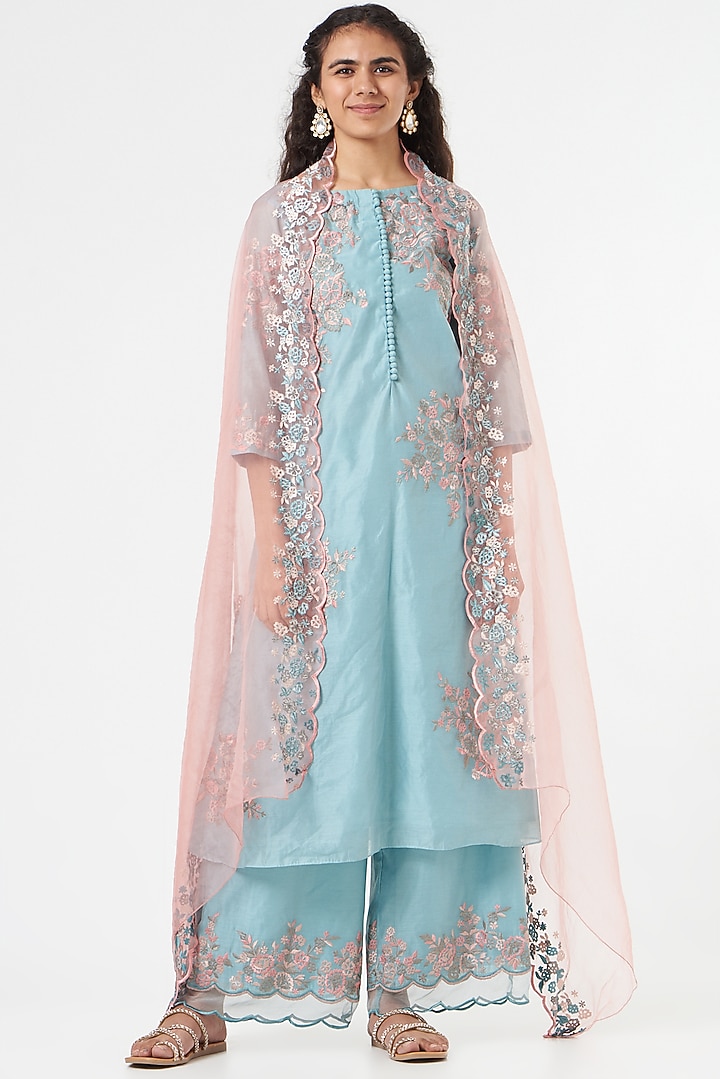 Powder Blue Embroidered Kurta Set by POULI at Pernia's Pop Up Shop