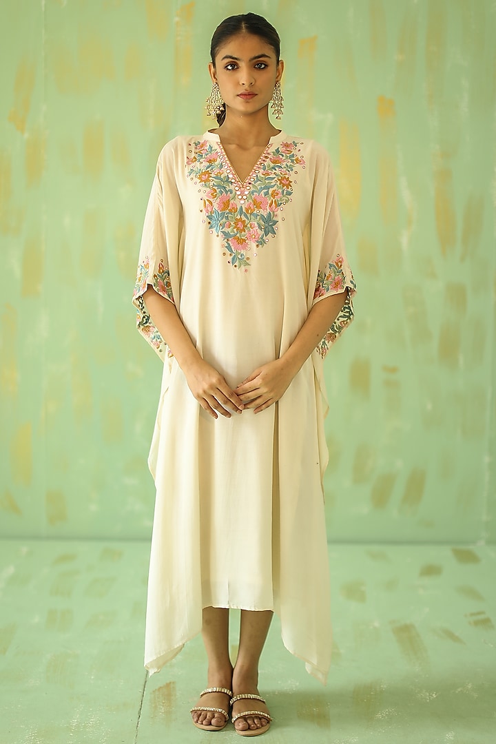 Off-White Silk Embroidered Kaftan by Nadine India
