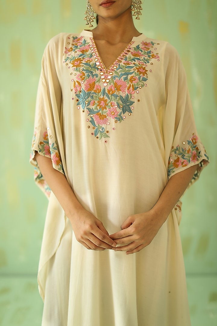 Off-White Silk Embroidered Kaftan by POULI at Pernia's Pop Up Shop