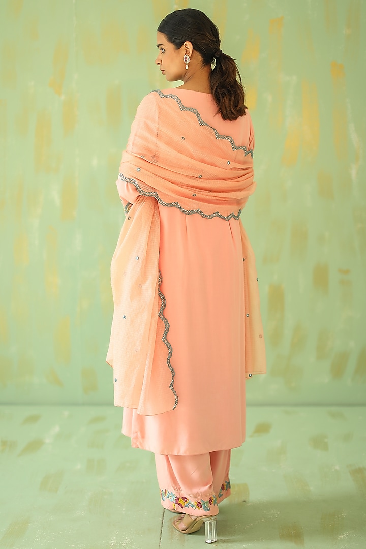 Coral Pink Embroidered Kurta Set by POULI at Pernia's Pop Up Shop