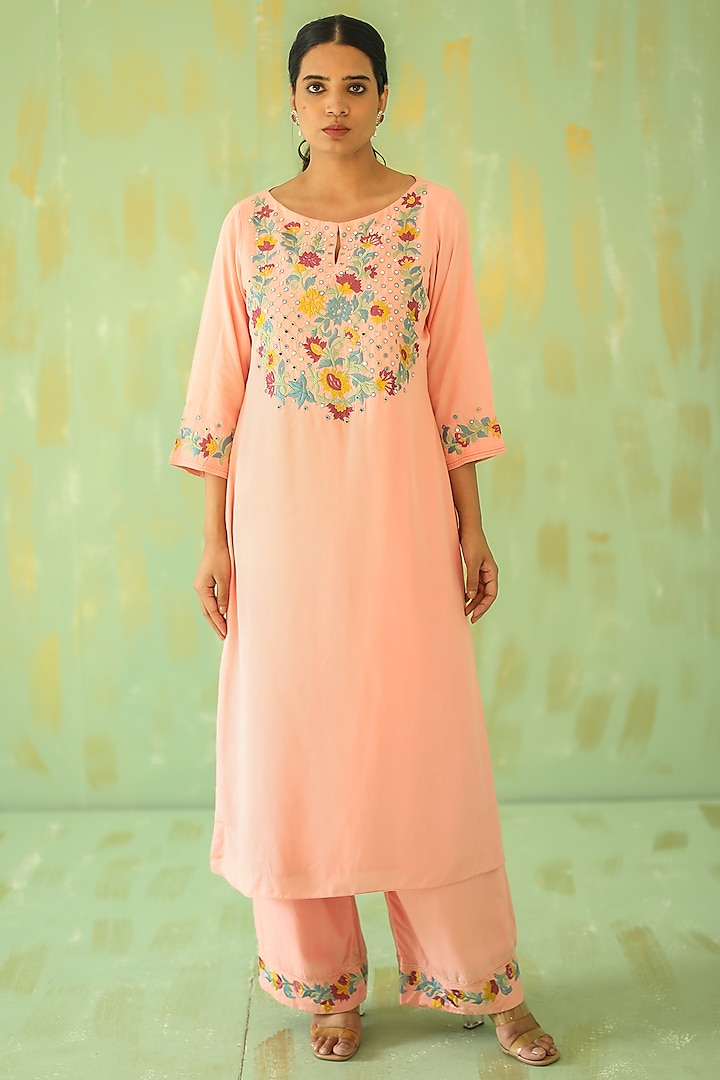Coral Pink Embroidered Kurta Set by POULI at Pernia's Pop Up Shop