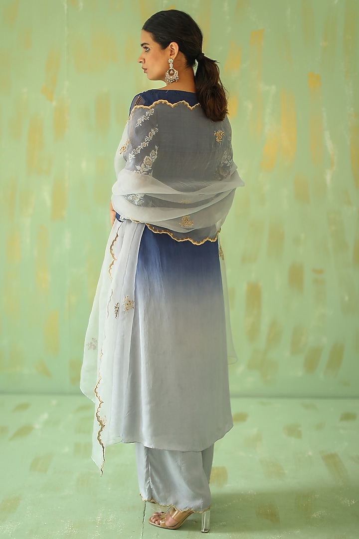 Blue Ombre Embroidered Kurta Set by POULI at Pernia's Pop Up Shop