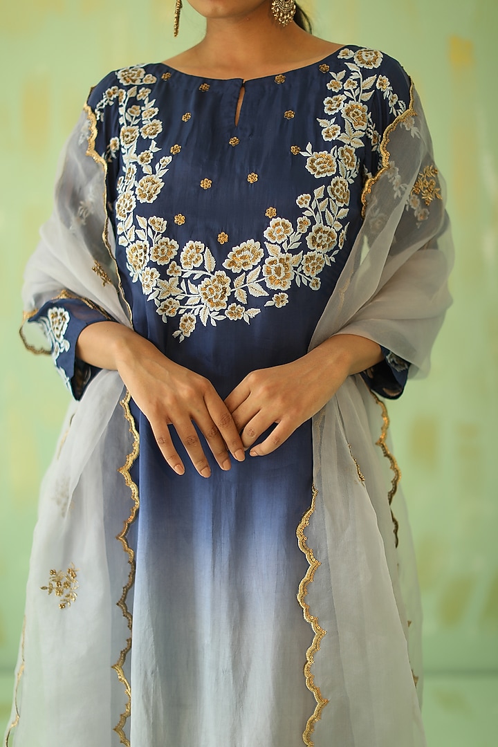 Blue Ombre Embroidered Kurta Set by POULI at Pernia's Pop Up Shop