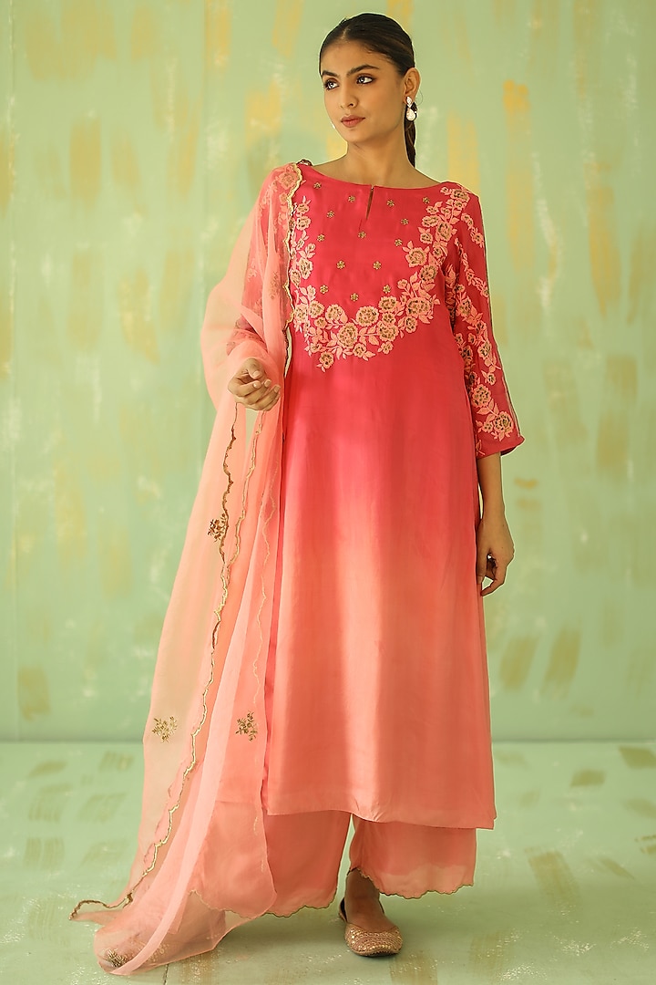 Pink Ombre Embroidered Kurta Set by Pouli Pret