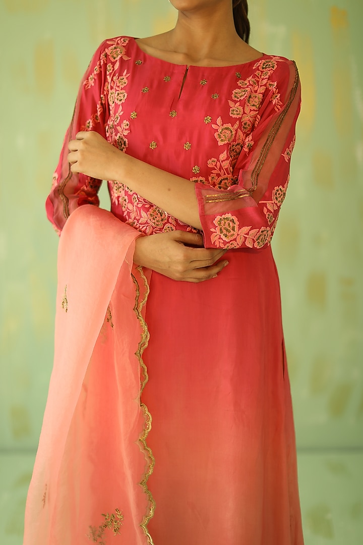 Pink Ombre Embroidered Kurta Set by POULI at Pernia's Pop Up Shop