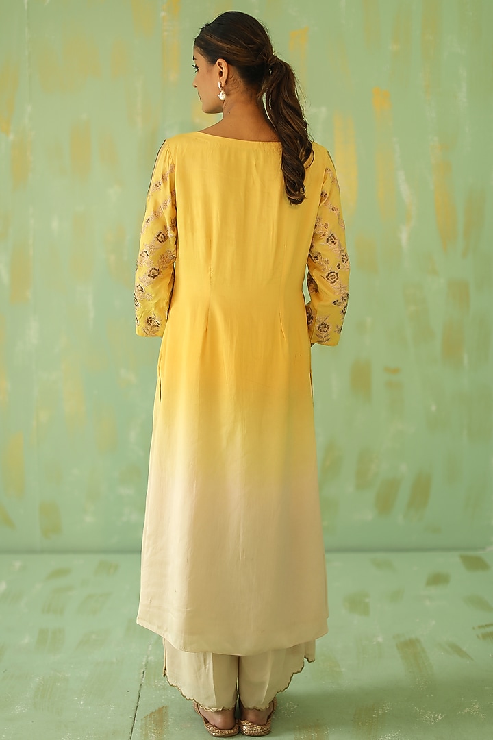 Yellow Ombre Embroidered Kurta Set by POULI at Pernia's Pop Up Shop