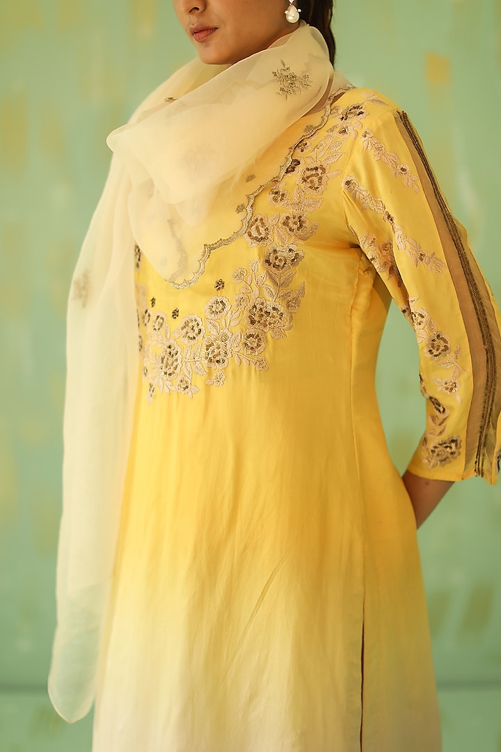Yellow Ombre Embroidered Kurta Set by POULI at Pernia's Pop Up Shop