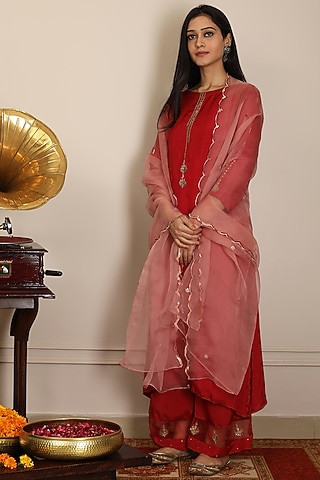Red & Blush Pink Embroidered Kurta Set by POULI