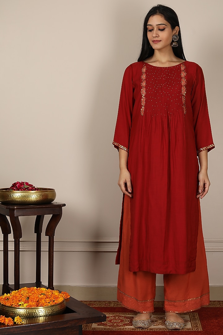 Maroon Embroidered Kurta Set by POULI at Pernia's Pop Up Shop