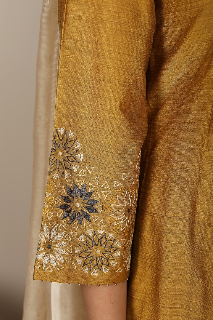 Mustard & Beige Embroidered Kurta Set by POULI at Pernia's Pop Up Shop