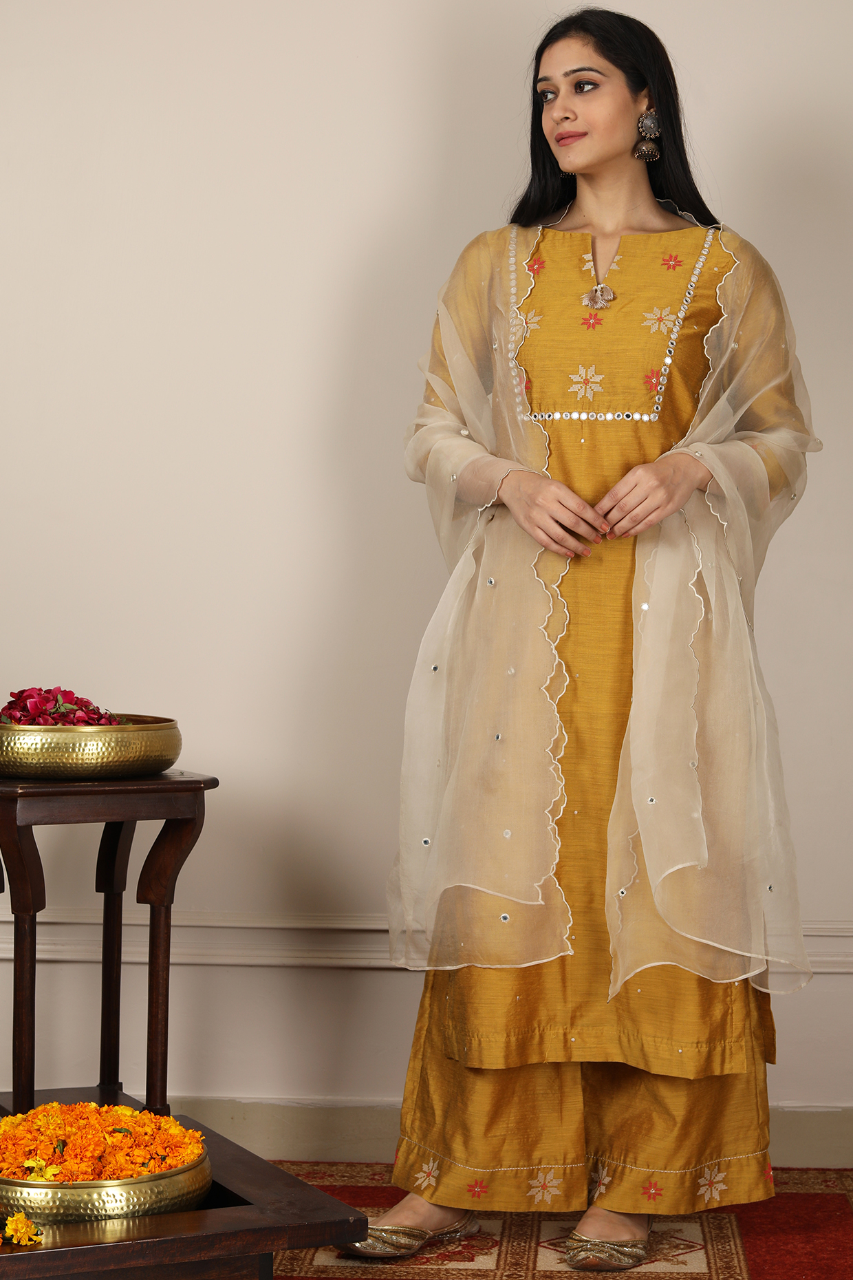 Mustard & Beige Resham Embroidered Kurta Set by Nadine India