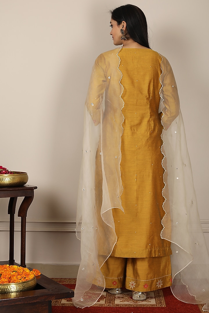 Mustard & Beige Resham Embroidered Kurta Set by POULI at Pernia's Pop Up Shop