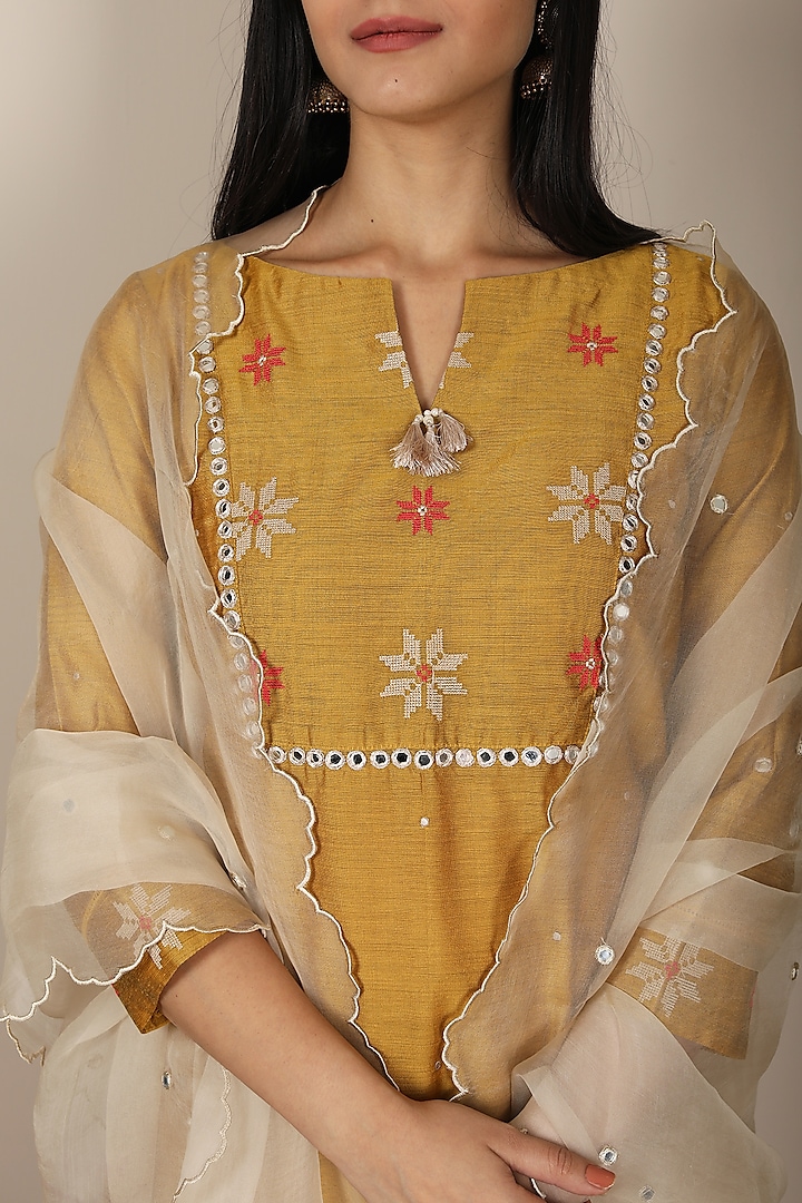 Mustard & Beige Resham Embroidered Kurta Set by POULI at Pernia's Pop Up Shop