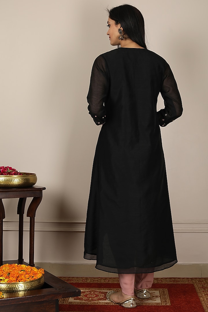 Black & Blush Pink Embroidered Kurta Set by POULI at Pernia's Pop Up Shop