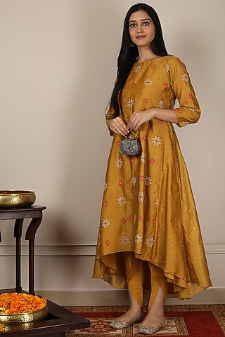 Mustard Embroidered Kalidar Kurta  by POULI