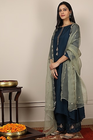 Navy Blue & Mint Green Embroidered Kurta Set by POULI