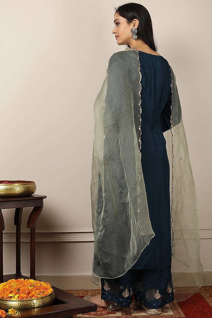 Navy Blue & Mint Green Embroidered Kurta Set by POULI at Pernia's Pop Up Shop