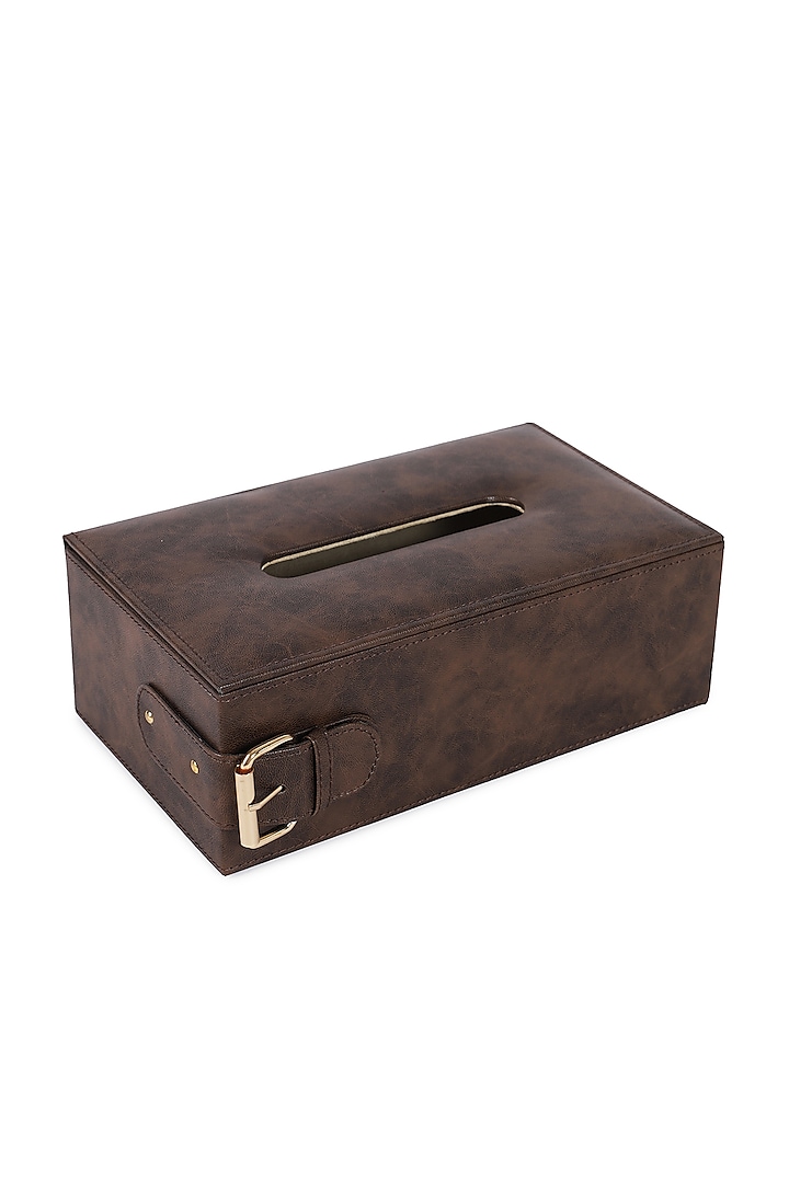 Brown Vegan Leather Clasped Tissue Box by NADORA