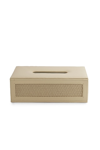 Beige Vegan Leather Interlaced Tissue Box by NADORA