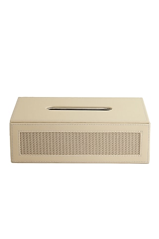 Beige Vegan Leather Braided Tissue Box by NADORA