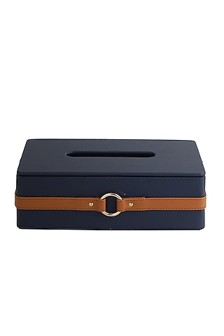 Navy Blue & Tan Vegan Leather Banded Tissue Box by NADORA