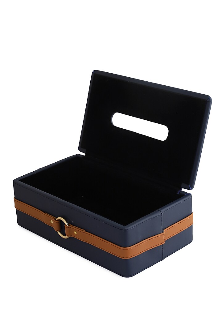 Navy Blue & Tan Vegan Leather Banded Tissue Box by NADORA at Pernia's Pop Up Shop