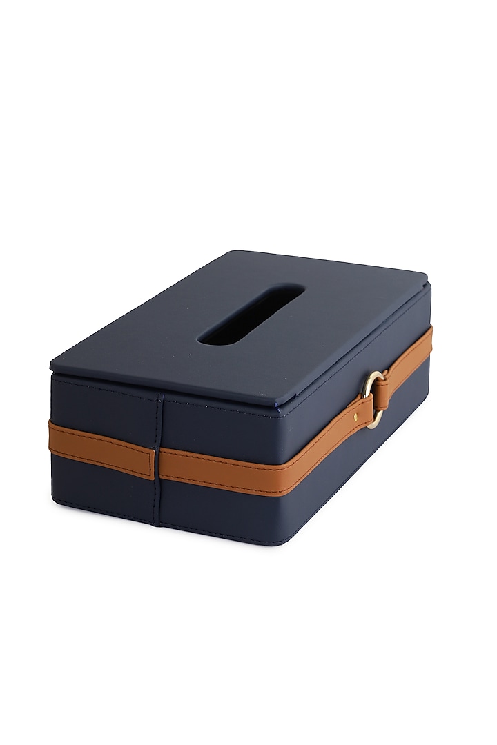 Navy Blue & Tan Vegan Leather Banded Tissue Box by NADORA at Pernia's Pop Up Shop