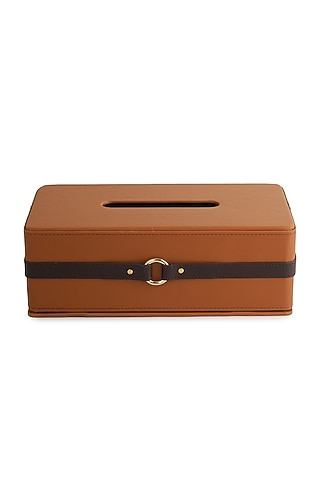 Tan & Brown Vegan Leather Banded Tissue Box by NADORA