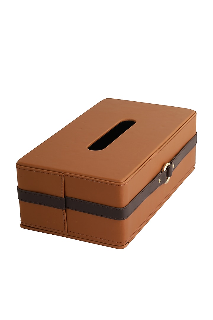 Tan & Brown Vegan Leather Banded Tissue Box by NADORA at Pernia's Pop Up Shop