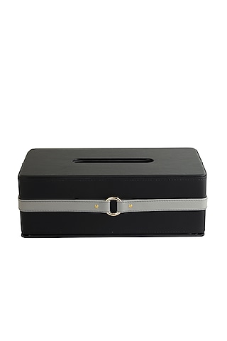 Black & Grey Vegan Leather Banded Tissue Box by NADORA