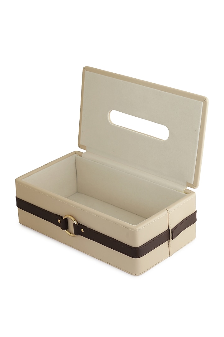 Beige & Brown Vegan Leather Banded Tissue Box by NADORA at Pernia's Pop Up Shop