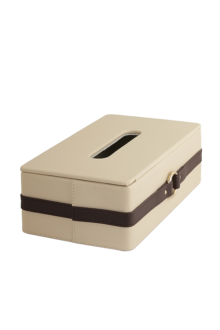 Beige & Brown Vegan Leather Banded Tissue Box by NADORA at Pernia's Pop Up Shop
