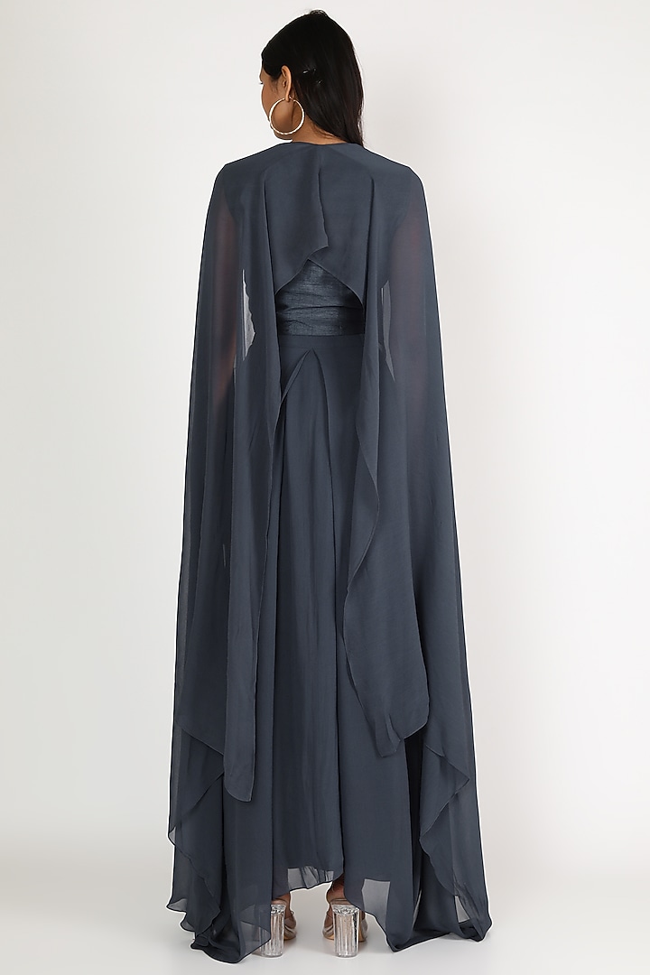 Dusky Blue Georgette Draped Skirt Set by Nidhika Shekhar at Pernia's Pop Up Shop