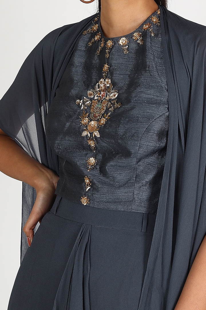 Dusky Blue Georgette Draped Skirt Set by Nidhika Shekhar at Pernia's Pop Up Shop