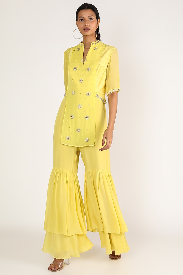 Yellow Hand Embroidered Indo Jumpsuit by Nidhika Shekhar at Pernia's Pop Up Shop
