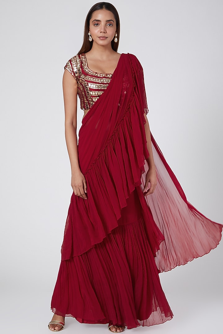 Red Draped Wedding Saree With Embroidered Blouse by Nidhika Shekhar at Pernia's Pop Up Shop