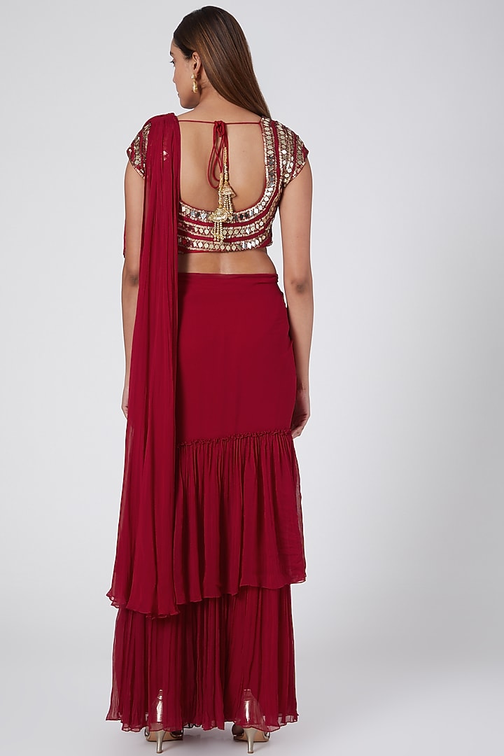 Red Draped Wedding Saree With Embroidered Blouse by Nidhika Shekhar at Pernia's Pop Up Shop
