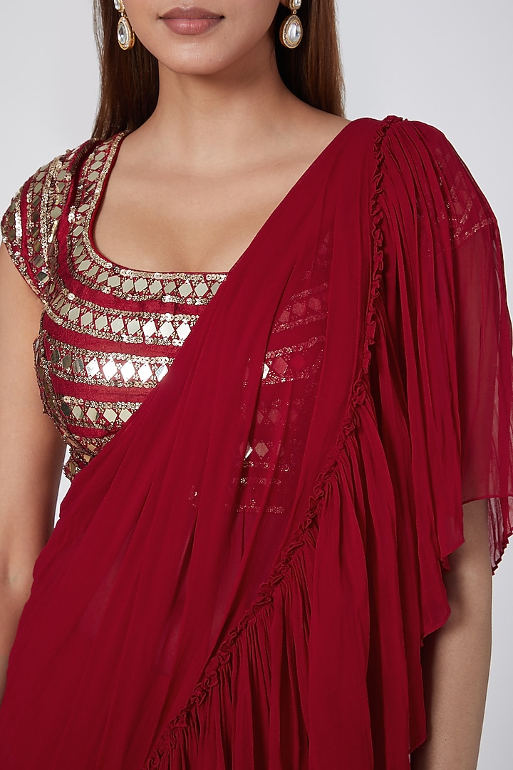 Red Draped Wedding Saree With Embroidered Blouse by Nidhika Shekhar at Pernia's Pop Up Shop