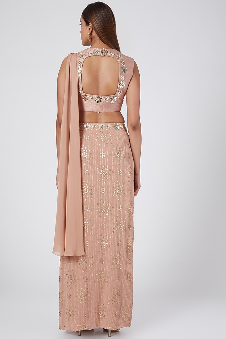 Blush Pink Draped Wedding Saree Set With Belt by Nidhika Shekhar at Pernia's Pop Up Shop