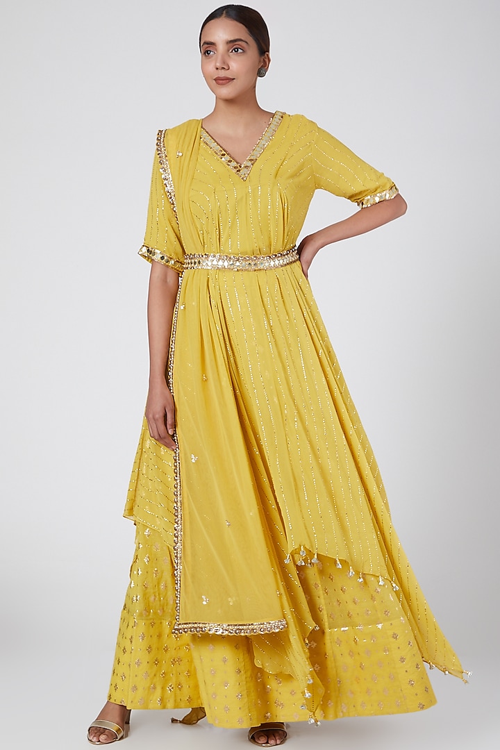 Yellow Embroidered Lehenga Set With Belt by Nidhika Shekhar