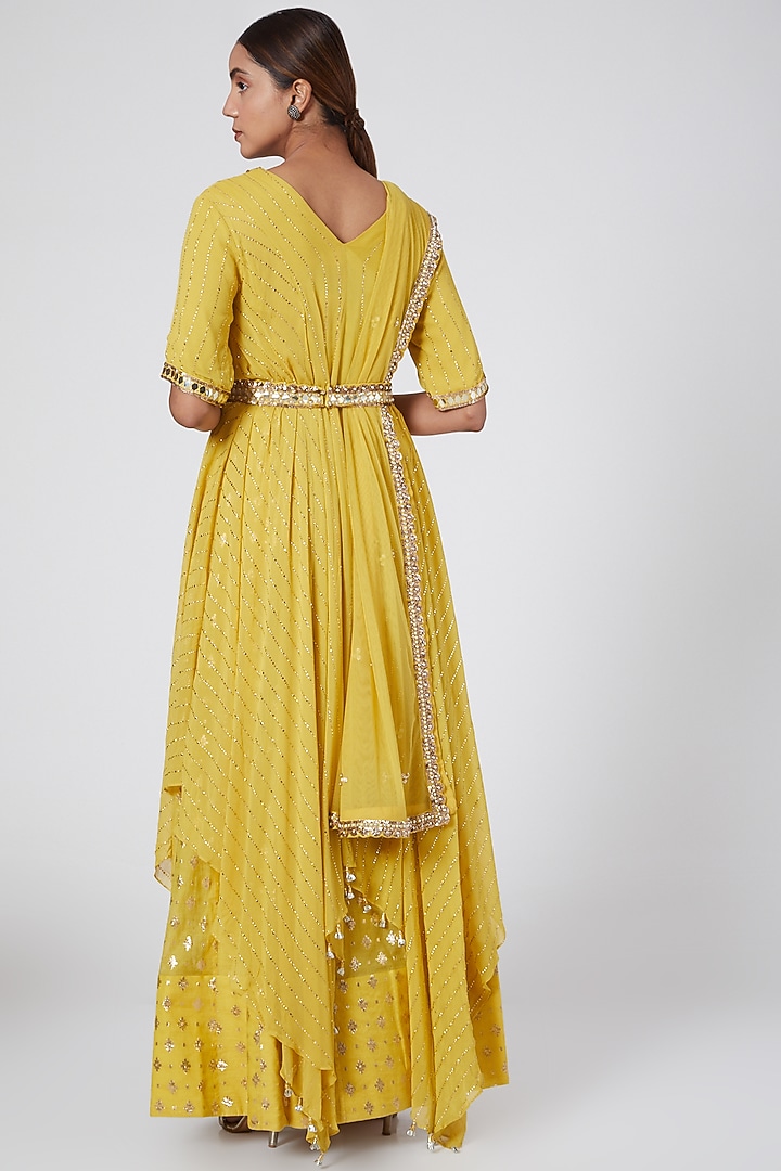 Yellow Embroidered Wedding Lehenga Set With Belt by Nidhika Shekhar at Pernia's Pop Up Shop