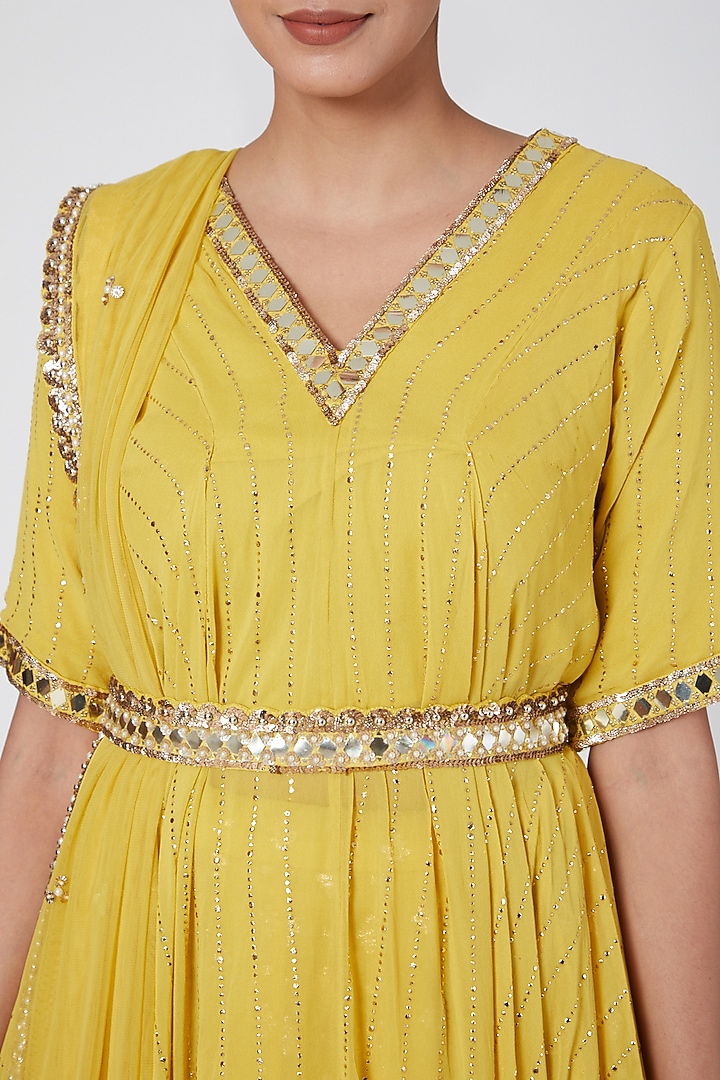 Yellow Embroidered Wedding Lehenga Set With Belt by Nidhika Shekhar at Pernia's Pop Up Shop