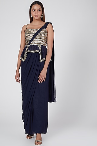 Cobalt Blue Embroidered Saree Gown by Nidhika Shekhar