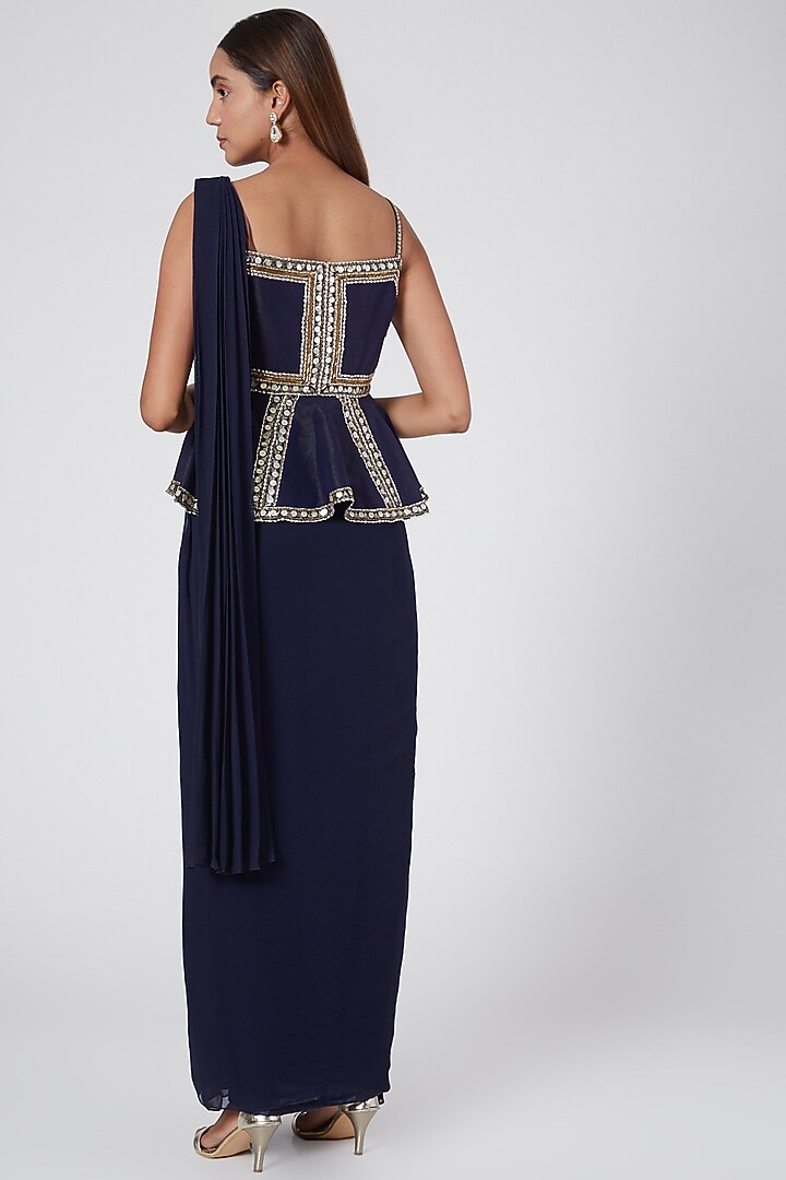 Cobalt Blue Embroidered Saree Engagement Gown by Nidhika Shekhar at Pernia's Pop Up Shop