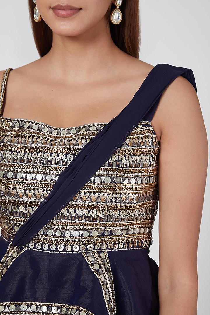 Cobalt Blue Embroidered Saree Engagement Gown by Nidhika Shekhar at Pernia's Pop Up Shop