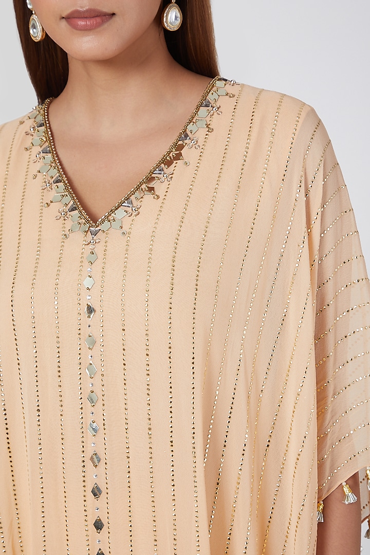 Peach Embroidered Kaftan With Pants by Nidhika Shekhar at Pernia's Pop Up Shop