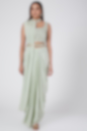 Olive Green Georgette Draped Wedding Saree Set With Belt by Nidhika Shekhar at Pernia's Pop Up Shop