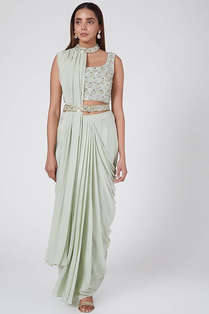 Olive Green Georgette Draped Wedding Saree Set With Belt by Nidhika Shekhar at Pernia's Pop Up Shop