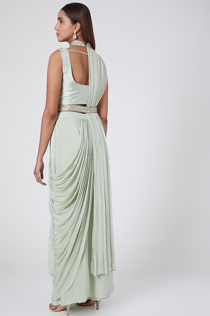 Olive Green Georgette Draped Wedding Saree Set With Belt by Nidhika Shekhar at Pernia's Pop Up Shop